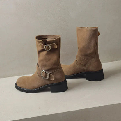 | Suede Buckle Boots in Black