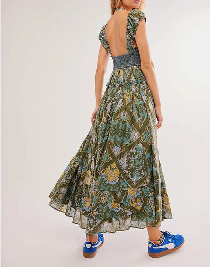 Printed Chiffon Short Sleeve A-line Boho Dress