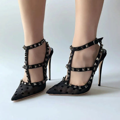 Black Gauze Mesh Gladiator High Heel Shoes with Summer Studs Rivets and Backless Design