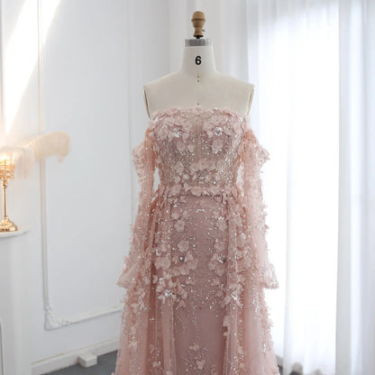 3D Flowers Evening Dress with Overskirt Long Sleeves