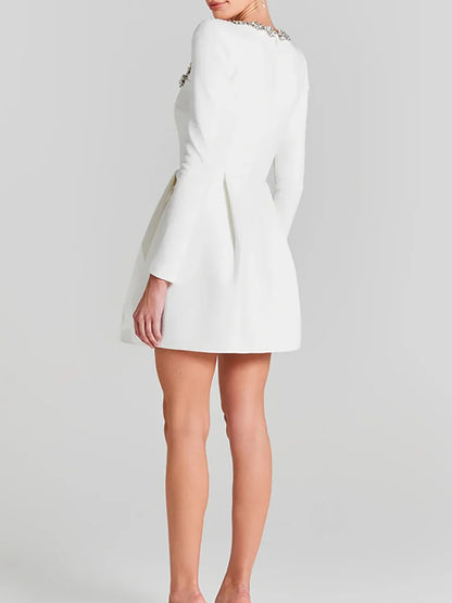 | White Jewel Trim Long Sleeve Mini Dress