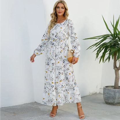 Ditsy Floral Crew Neck Lantern Sleeve Smocked Waist Ruffle Hem Maxi Dress
