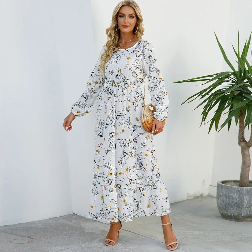 Ditsy Floral Crew Neck Lantern Sleeve Smocked Waist Ruffle Hem Maxi Dress
