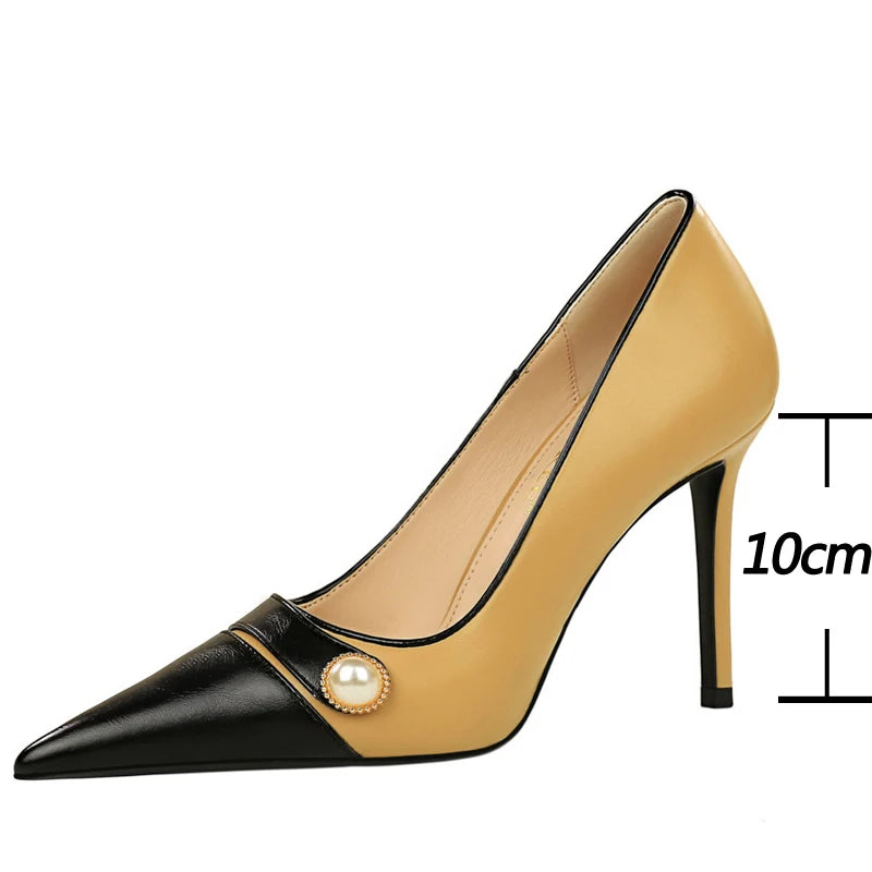 Retro Women Pearl Color Matching High Heels Stilettos Pointed Shoes