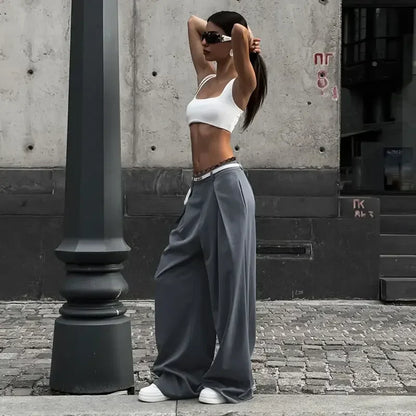 Y2k Lace Patchwork Waist Pants Women Baggy Casual Korean Fashion Office Oversize Trousers Basic Old Money Pantalones