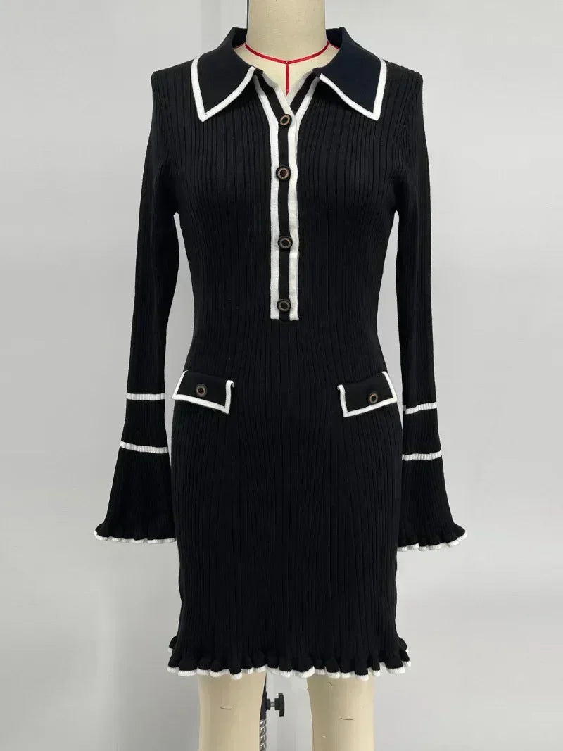 Ribbed Knit Polo Collar Bell Cuff Faux Pocket Mini Dress
