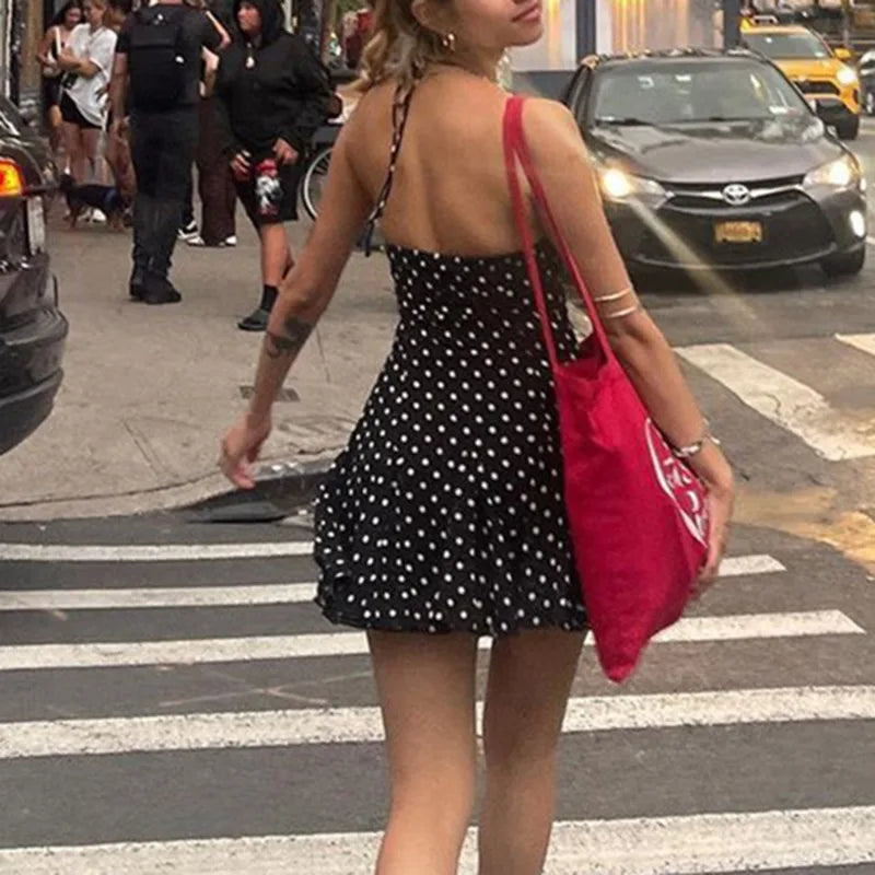 Polka Dot Lace Up Halter Mini Dress