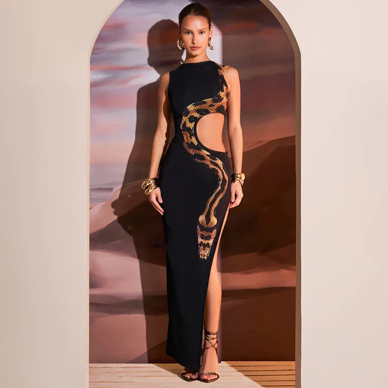 Snake Print Hollow Slit Maxi Dress