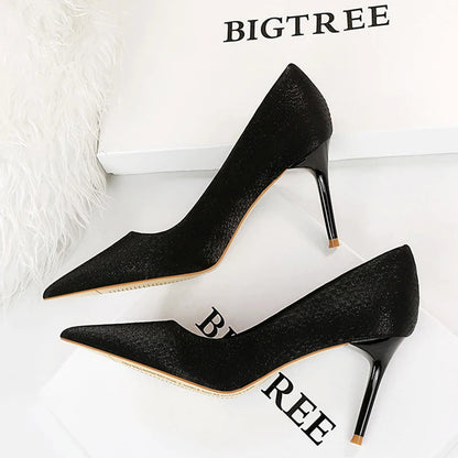 Embossed Satin High-heeled Shoes Women Pumps with Kitten Heels