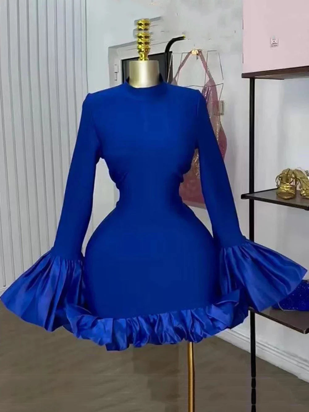 Half High Collar Trumpet Sleeve Ruffle Mini Dress