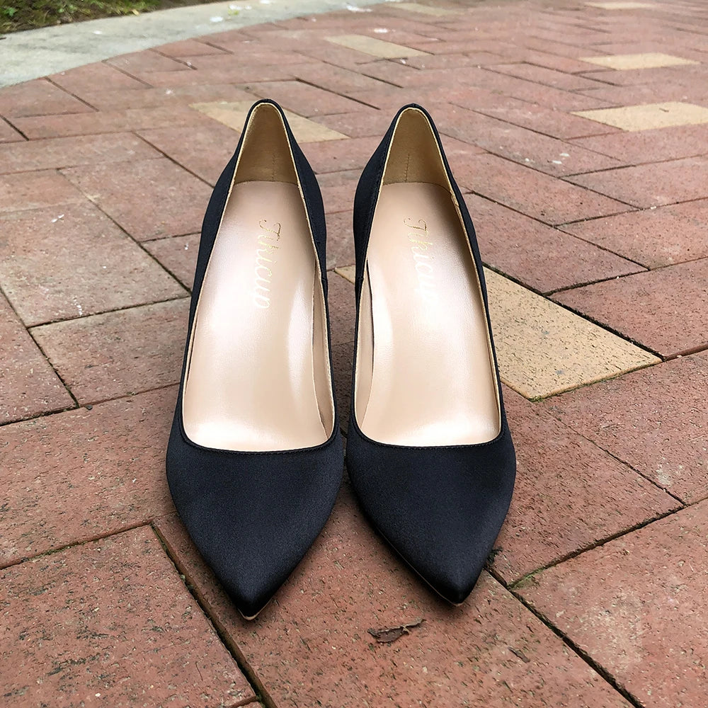 Black Silk Satin Pointy Toe High Heel Stiletto Pumps for Elegant Ladies
