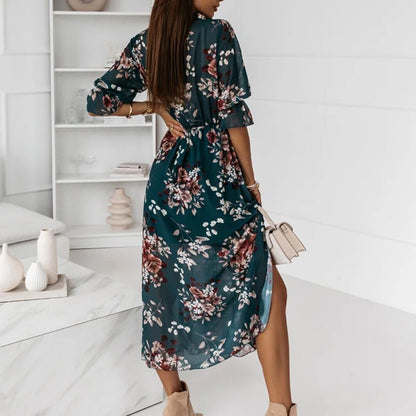 Wrap V-Neck Three Quarter Sleeve Print High Slit Maxi Dress