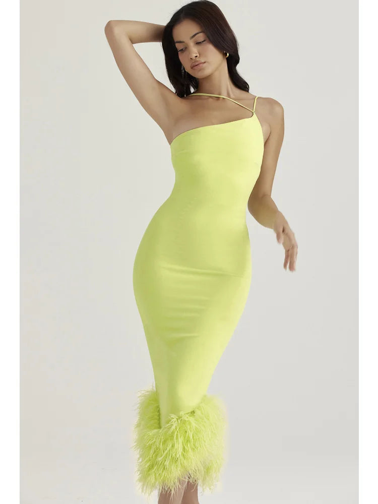 Feather Strap Backless Midi Dress