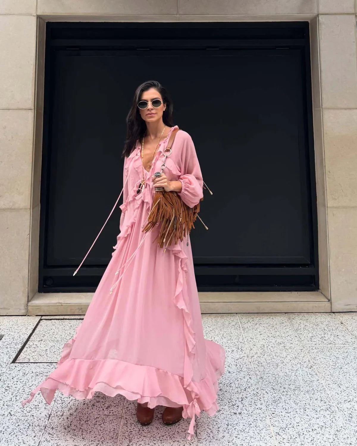 Ruffled Long Sleeve Chiffon Maxi Dress