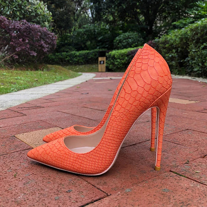 Orange Croc-Effect Pointy Toe High Heels for Women