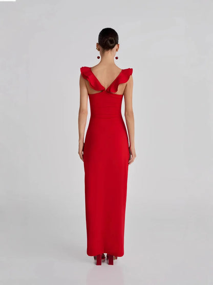 Red Flower Ruffles Strap Maxi Dress