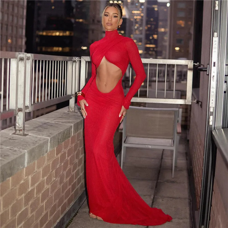 Red Ruched Cut Out Maxi Dress