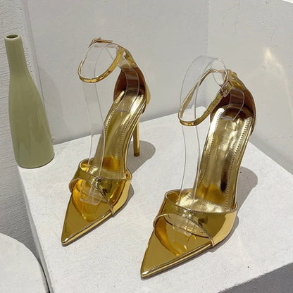 Golden Patent Leather Stiletto Sandals for Women