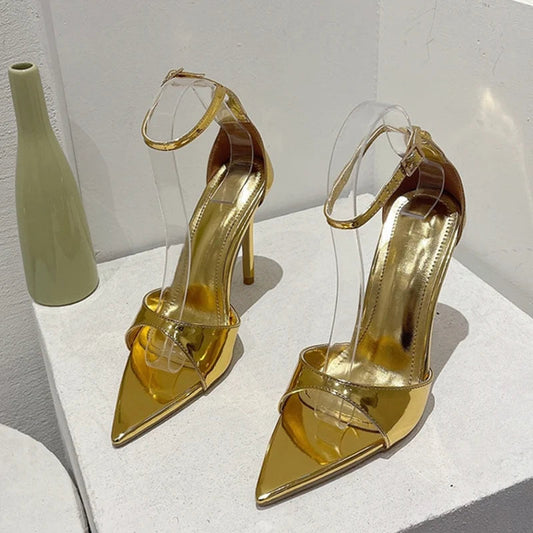Golden Patent Leather Stiletto Sandals for Women