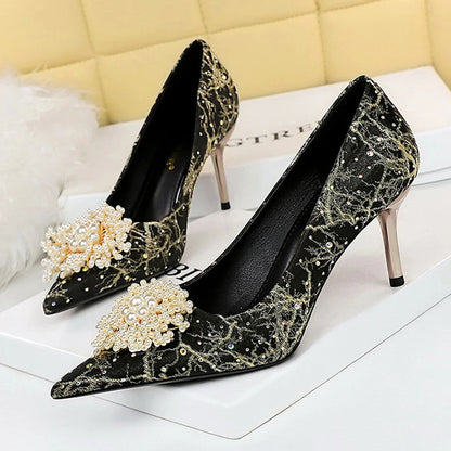 Pearl Flowers Rhinestone High Heels Luxurious Women Pumps