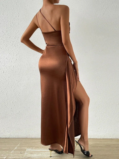 Satin Oblique Split Sleeveless Bodycon Dress