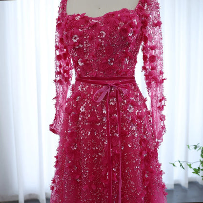 3D Floral A-Line Evening Gown Long Sleeves