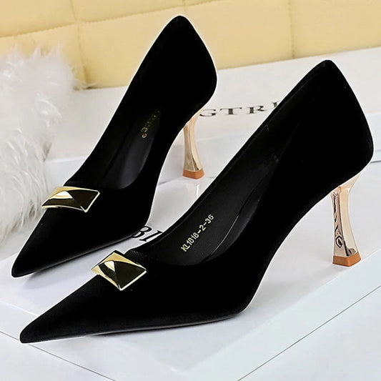 Kitten Heel Pointed Metal Buckle Pumps for Women with Metal Heel