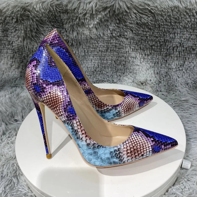 Python Pattern Blue Pointy Toe High Heel Party Shoes for Women