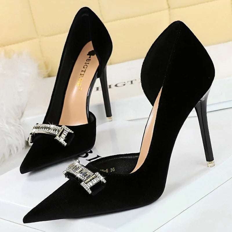 Suede Rhinestone Women Heels Spring Pumps Pointed High Heels