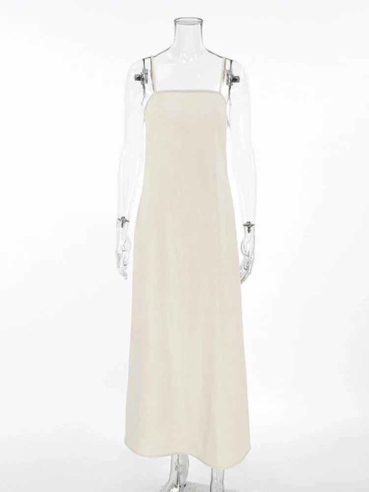 Square Neck Spaghetti Strap Linen Look Flowy Maxi Dress