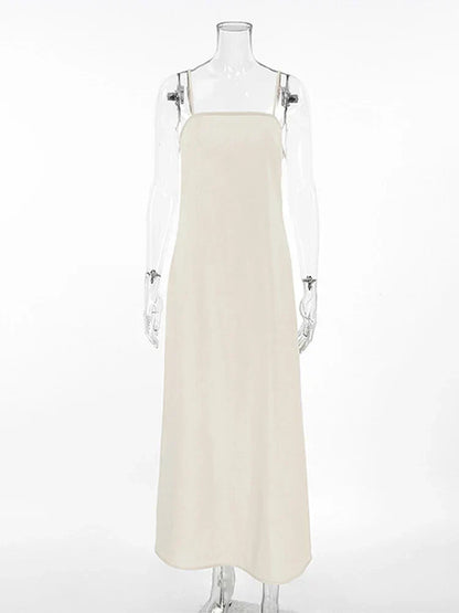 Square Neck Spaghetti Strap Linen Look Flowy Maxi Dress