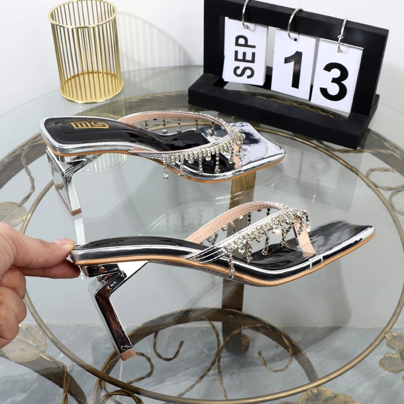 Rhinestone chain clip toe sandals with thick sole