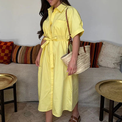 Lapel Tie Up Short Sleeve Single Breasted Long Work Dress