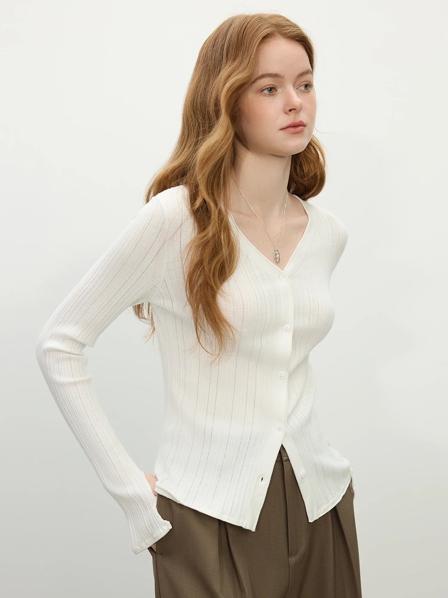 Ribbed V-neck Slit Cuff Knit Cardigan