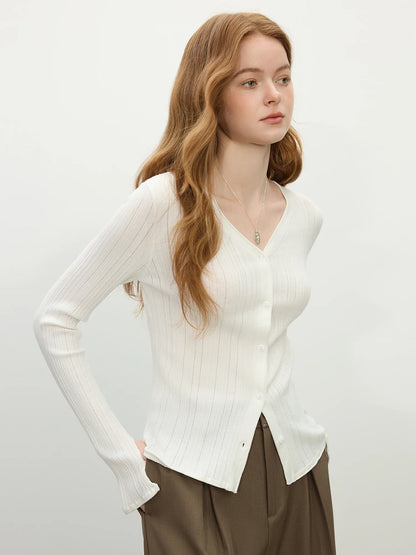 Ribbed V-neck Slit Cuff Knit Cardigan