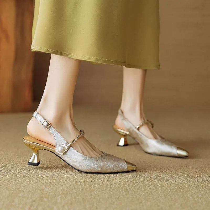 Retro Pointy Low Heel Buckle Women's Sandals Summer High Heels