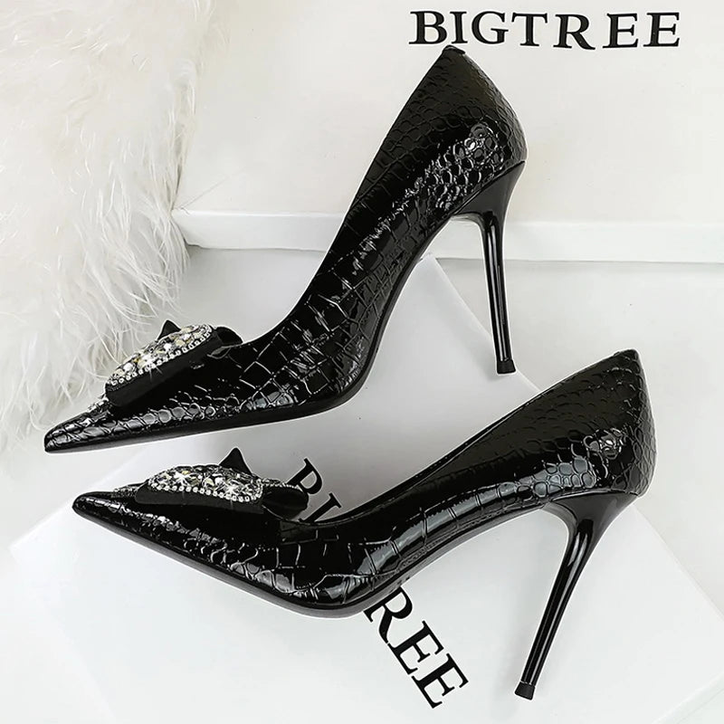 Women's Stiletto Pumps with Bowknot Design and Rhinestone Detail