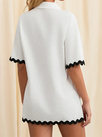 Contrast Short Sleeve Turn-Down Collar Mini Dress
