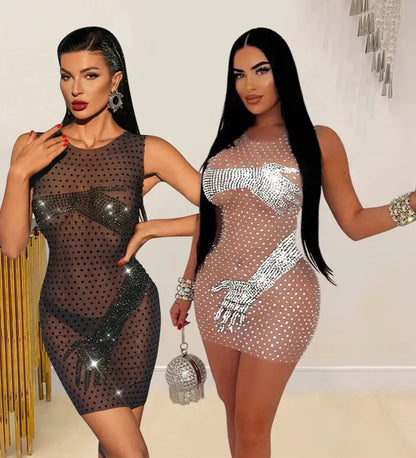 Mesh Rhinestone Round Neck Sleeveless Mini Dress