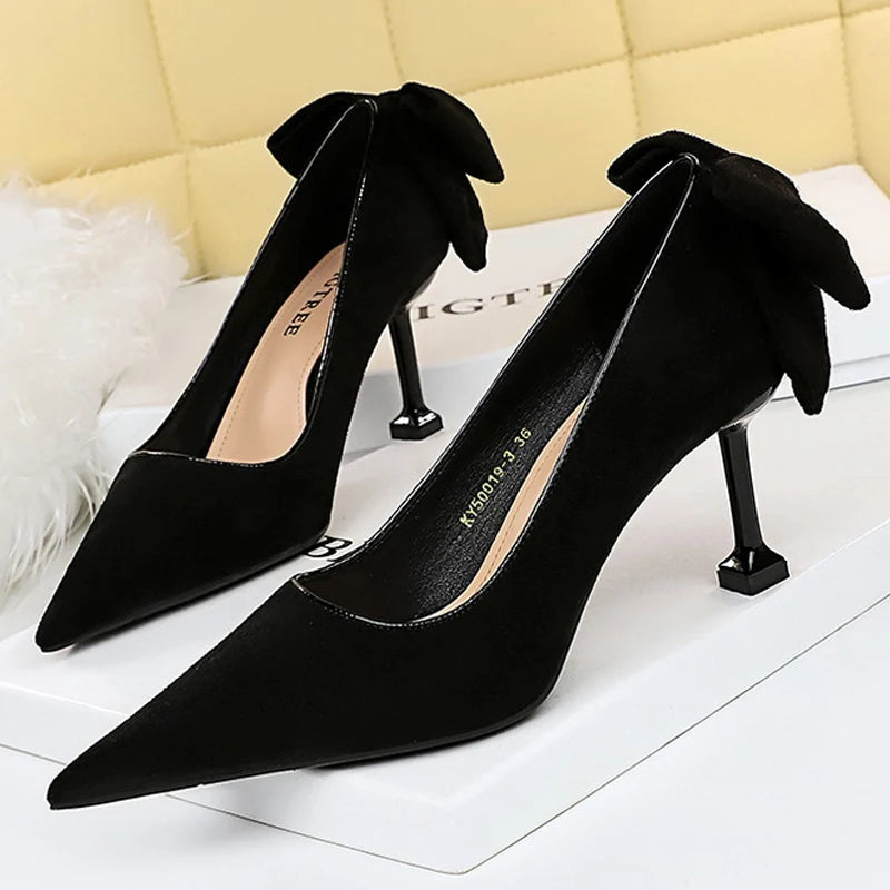 Bowknot Suede Female Kitten Heels Pumps - Spring New High-heels