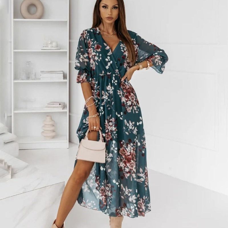 Wrap V-Neck Three Quarter Sleeve Ruffle Cuff High Slit Floral Maxi Dress