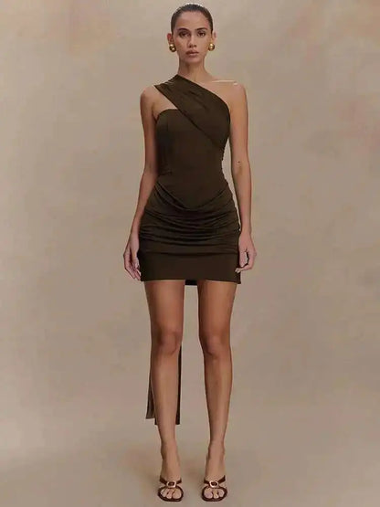 Draped Oblique Shoulder Mini Dress