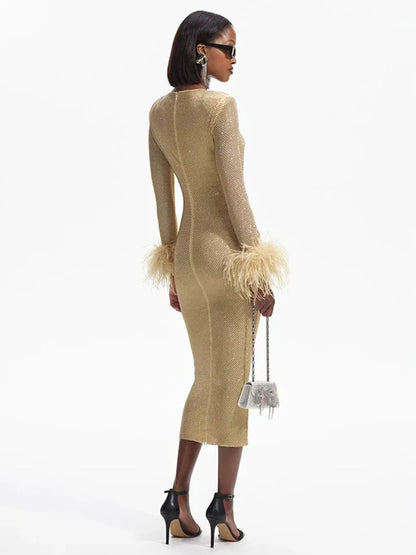 Long Sleeve Feathers Rhinestone Midi Dress