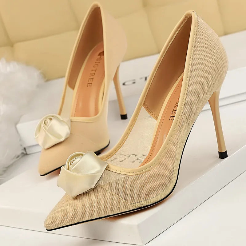 Sexy Party Rose Flower Woman Pumps with Mesh Hollow High Heels