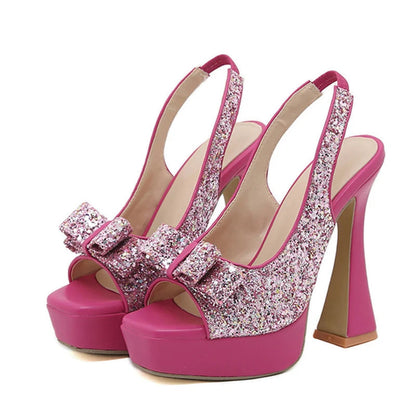 Glitter Sequined Bowknot Peep Toe Gold Sandals with Back Strap