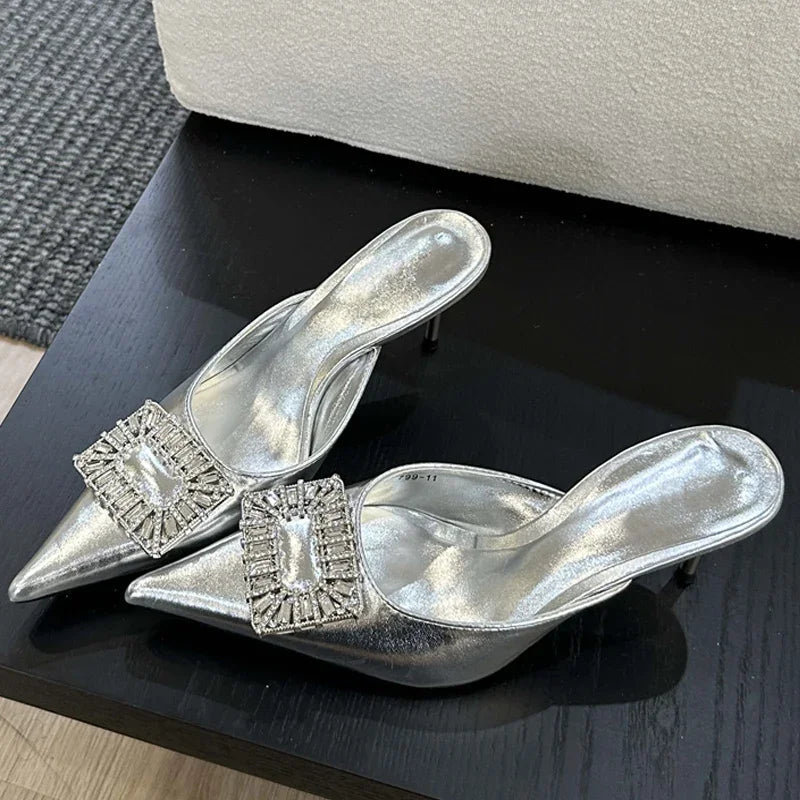 Crystal Buckle Thin Heel Pointed Toe Spring Women Mule Shoes