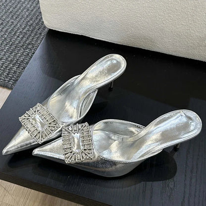 Crystal Buckle Thin Heel Pointed Toe Spring Women Mule Shoes