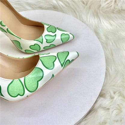 Sweetheart Print White Patent Pointy Toe High Heel Shoes for Women