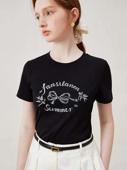 Bow Letter Print Slim Black T-shirt