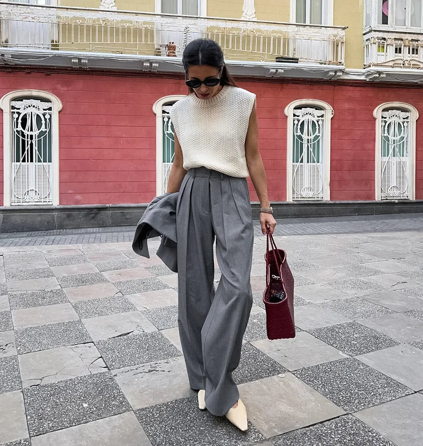 New Autumn Gray Straight Pant Cotton Blend Solid Color High Wiast Loose Woman Trouser Casual Simple Female Clothing New